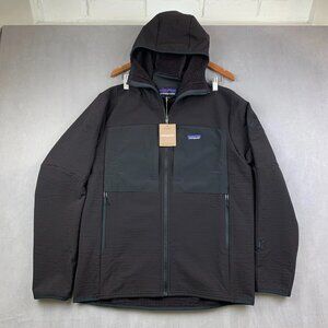 Patagonia Mens Winter Jacket Large Black Full Zip R2 TechFace Hoody Company Logo